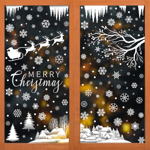 YUVKIN 180 Pz Adesivi Elettrostatici per Finestre Natale, Decorazioni Natalizie Riutilizzabili in PVC, Fiocchi di Neve Adesivi con Case, Alberi e Babbo Natale (Bianco)