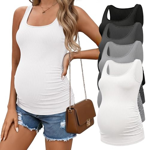 Ekouaer 4 Pack Maternity Tank Tops Ribbed Summer Pregnancy Shirts Ruch Side Tops Casual Square Neck Postpartum Clothes Black/Dark Grey/Light Grey/White M