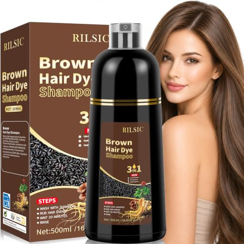 Hair Dye Shampoo 3 en 1 Cubre Canas, 500ML Black Hair Dye Shampoo 3 en 1,Hair Color, Champú Color Tinte Pelo Barba Champu Canas Instantáneo (Marrón, 500)