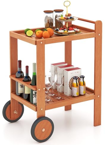 Carrello da bar in legno con 2 ripiani, manico per bottiglie e ruote in gomma, carrello per interni ed esterni, per cucina, giardino, patio, carrello per bevande Ele e Functal