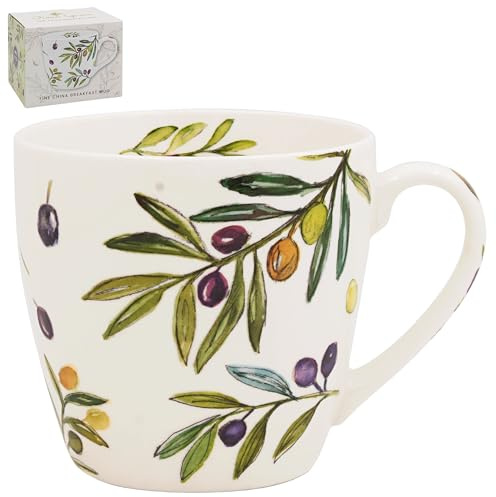 The Leonardo Collection Olive Grove By Jennifer Rose - Taza de desayuno de porcelana fina Olive Grove de 480 ml para bebidas frías y calientes, tazas de café duraderas para el hogar y la oficina