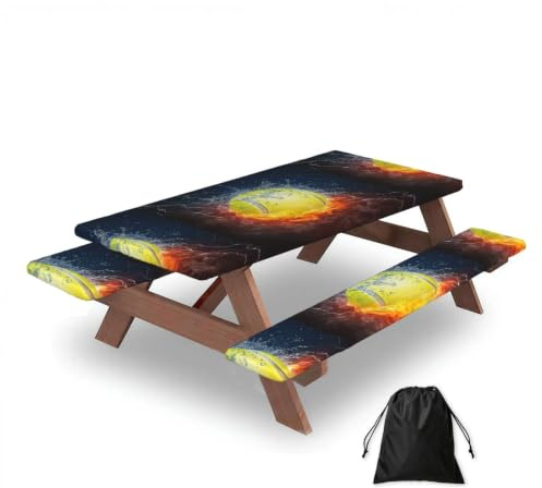 Pallina da tennis nel fuoco e nell'acqua, Telo copritavolo da picnic con copripanchine - Tovaglia elasticizzata impermeabile per giardino, campeggio e patio 76x152 cm