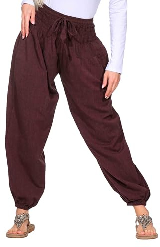Kunst und Magie Damen Pluderhose Haremshose Sommerhose Hippie Goa Wellness Yoga, Farbe:Schokobraun, Größe Damen:38-42(L/XL)