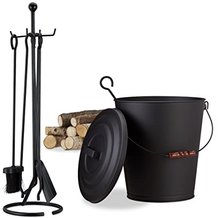 Relaxdays Set Caminetto 6 Accessori Completo, Paletta, Scopino, Attizzatoio, Pinza, Trespolo e Cestino Porta Cenere, Moderno, Nero