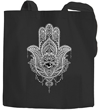 Autiga Jutebeutel Hamsa Fatimas Hand Mandala Boho Bohamian Ethno Tribal Ornament Baumwolltasche Stoffbeutel schwarz 2 lange Henkel