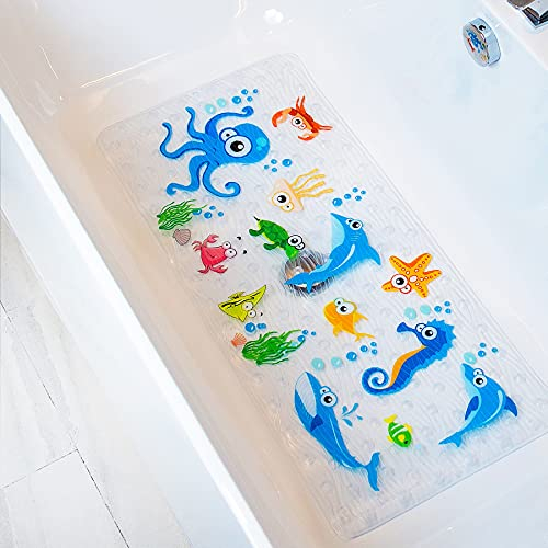 BEEHOMEE Bath Mats for Tub - Large Cartoon Non-Slip Bathroom Bathtub Mat Anti-Slip Shower Mats for Floor 89 X 38 CM,Machine Washable XL Size Bathroom Mats(Blue-Octopus ZY)