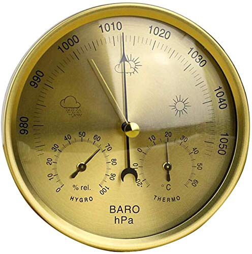 Tubayia Baromètre en métal - Thermomètre hygromètre - Station météo analogique pour salon, chambre à coucher, jardin (bronze doré)