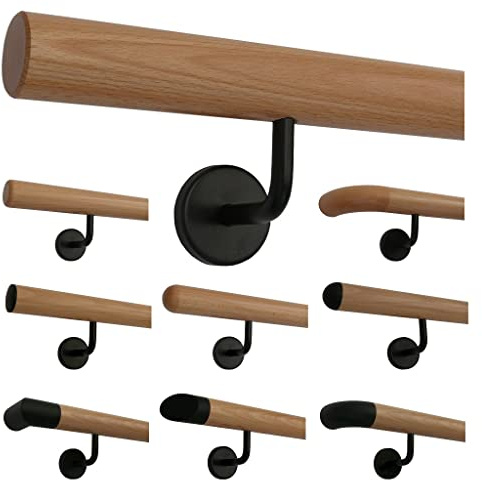 TIBU Buche Holz Handlauf Geländer 30-500cm im Set schwarze Halter Wandhandlauf Wand Treppe, Länge 380 cm mit 5 Halter Enden gefast