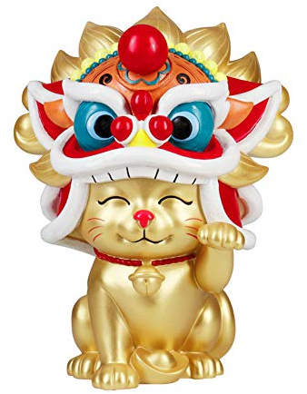 Mkuha Maneki Neko Glückskatze Glücksbringer Spardose aus Harz Katze und Tanzender Löwe, Traditionelle Chinesische Kultur,Gold,27X21X17CM