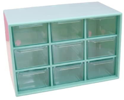 Craftelier - Organizer con 9 cassetti per l'organizzazione di materiali per scrapbooking e artigianato | Colore turchese e trasparente - Dimensioni organizer 18 x 9,8 x 11,8 cm e cassetto 5 x 3 x 8 cm