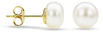 Miore Schmuck Damen Ohrstecker mit weiße runde Süßwasserperle 7-7.5 mm Ohrringe aus Gelbgold 14 Karat / 585 Gold