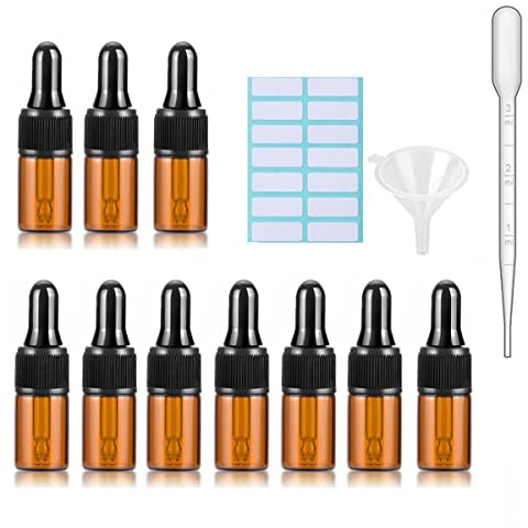 Braunglas-Tropfflaschen mit schwarzen Kappen, gemessener Pipette, Trichter und Etiketten, 2 ml Glasflaschen für ätherische Öle, nachfüllbar, 10 Stück