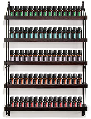 THYGIFTREE Essential Oil Storage Shelf Wall Mounted 16.9 Wooden Essential Oil Collection Display Rack Organizer 5 Tiers Holds 75 Bottles, Nail Polish Holder Paint Organizer