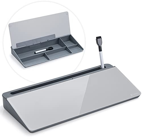 Varhomax Schreibtisch Organizer, Desktop Whiteboard Glas Grau Board Mit Aufbewahrung Abwischbar, To Do Liste, Notizblock und Tastaturständer für Homeoffice, Büro und Schulbedarf