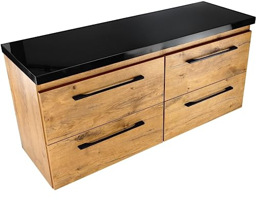 paplinskimoebel Badmöbel Waschtisch mit Platte Badschrank GIRONA 120 4 Schubladen (Vollauszug) Eichenoptik als auch Unterschrank für Aufsatzwaschbecken geeignet (Schwarze Arbeitsplatte)