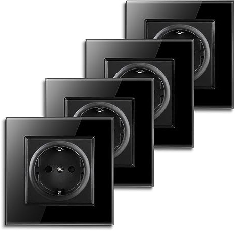 Pack de 4 CNBINGO Enchufe Schuko empotrable con garras, enchufe individual de placa de vidrio templado, enchufe de protección contra contactos, 1 compartimento, 16A, 250V
