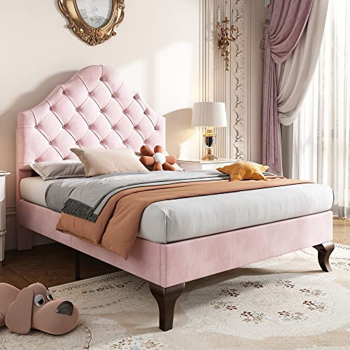 Merax Upholstered Bed Height-Adjustable Headboard Upholstered Bed with Slatted Frame - Youth Single Bed in Velvet Pink (90 * 190CM)