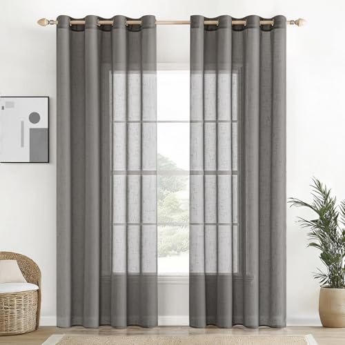 EMEMA Voile Vorhang Sheer Leinenvorhang Transparente Leinen Gardinen Ösenschal Wohnzimmer Wohnzimmer Modern 2er Set Fensterschal Dekoschal Schlafzimmer mit Ösen 140 x 245cm (B x H) Dunkelgrau