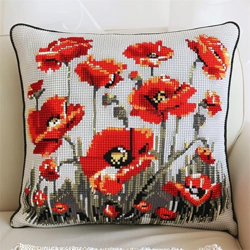 kitphoenix Kit Complet de Crochet pour Coussin Fleur Kit Coussin au Point Noué, 43×43CM création de Tapis et Canvas, Kit Tapis Point Noué,Tapis Point Noué Kit