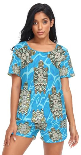 HMZXZ Damen Schlafanzug-Set Schildkröte Sommer Pyjama Woman Set,Strand Loungewear und Shorts Lounge Set Sleepwear Nachtwäsche