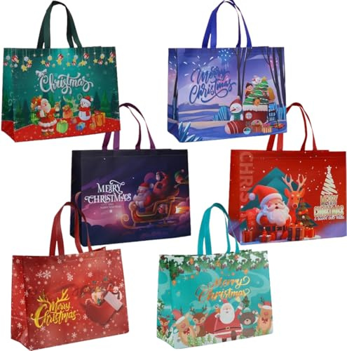 Extra Large Christmas Bags for Gift, 6 PCS Reusable Christmas Tote Bag with Handles, Christmas Treat Shopping Bag, Xmas Gift Party Favor Bags Decoration, 43 x 33x 18cm