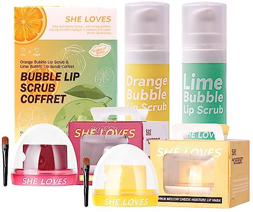 CHSEEO 4PCS Set Regalo per La Cura delle Labbra, 2 PZ Balsamo per Labbra al Formaggio Ciliegia e 2 PZ Scrub per Labbra, Set di Balsami Labbra Maschera per Labbra Notturna per Labbra Secche