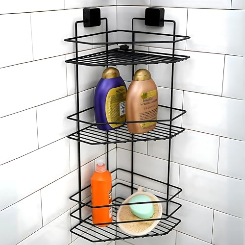 3FlexHome Corner Shower Caddy No Drill Shelf – Rustproof, Adhesive, Wall-Mounted Bathroom Storage Organiser, Large Capacity 3-Tier Shower Rack (Black)