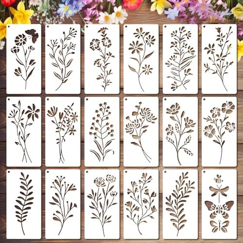 MWOOT 18 Piezas Stencil Plantillas de Flores,Plantillas de Dibujo de Plástico Reutilizables,Plantilla de Planta Reutilizable,para Pintar,Scrapbooking,Madera,Manualidades,DIY,Sobre(15x7.5 cm)