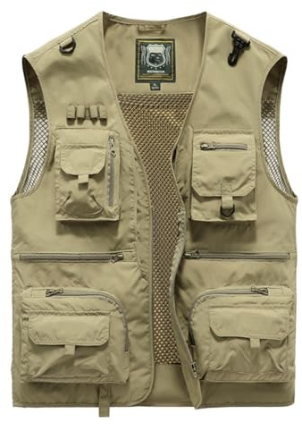 YAOTT Herr sommar utomhus ärmlös nätjacka väst med flera fickor safari resa fotoväst multifunktionell väst arbete fiskarväst gilet, kaki, L