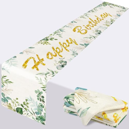 Tischläufer Geburtstag, Leinen Tischdecke Geburtstag Design 180x32cm | Tischläufer mit Eukalyptus, Happy Birthday für Männer Frauen Party Deko