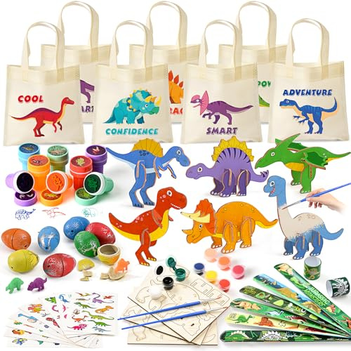 vamei Dinosaurier Mitgebsel Kindergeburtstag mit Dinosaurier Holz Bastelset | Tragetaschen Dino Eier Slap Armbänder Stempel Temporäre Tattoos, Piñata Füllung Give Aways Mitbringsel für Jungen Kinder