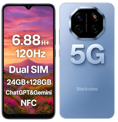 Blackview Shark 6 5G Teléfono Inteligente con IA, 24GB+128GB, Pantalla 6.88 HD+ 120Hz, 3 Asistentes IA Integrados, Cámara 16MP+8MP, Dual 5G Dual SIM, Android 15 Smartphone Móvil Libre, NFC, Azul