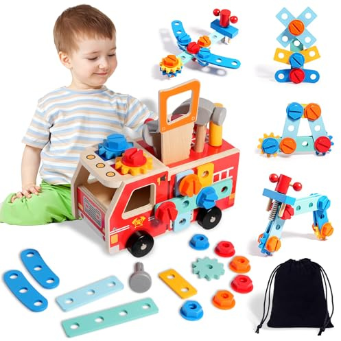 ZUSUZU Cassetta Attrezzi per Bambini,2 in 1 Camion dei Pompieri con Cassetta Attrezzi Bambini Giochi in Legno,Attrezzi Giocattolo Giochi Educativi in Legno, Regalo per Bambinis e Bambine 2+ Anni