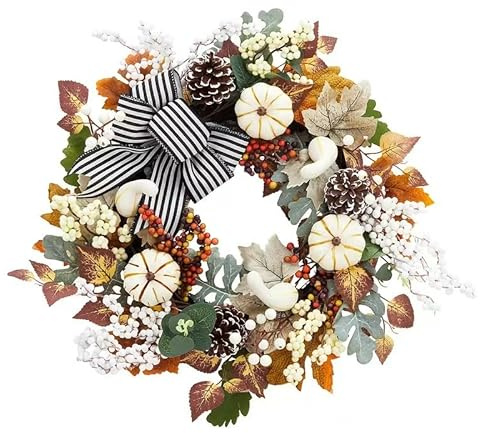 45cm Autumn Wreath,18 inch Artificial Fall Wreath with Pumpkins Flower Garland Berries Pine Cones Maple Leaves for Thanksgiving Halloween Front Door Wall Hanging Decoration