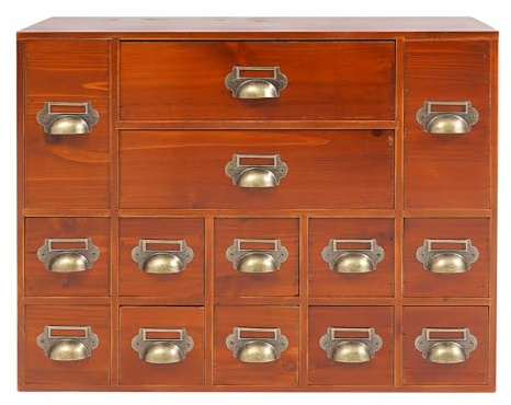 Bathrena 14-Drawer Storage Cabinet, Apothecary Antique Brown Index Card Organizer, No Assembly Vintage Craft Organizer with Multi-Size Drawers, Iron & Wood Desktop Unit for Home Office, 21x6.3x16.7in
