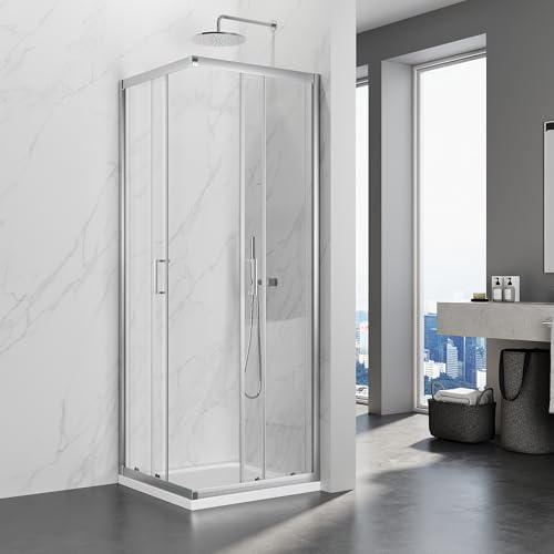 SIRHONA Cabine de Douche 90x90x195 cm Coulissante à Double Ouverture, Porte de Douche en Verre à Deux Panneaux Fixes avec Verre Transparent de 5 mm, Réglable d'un seul côté 20 mm