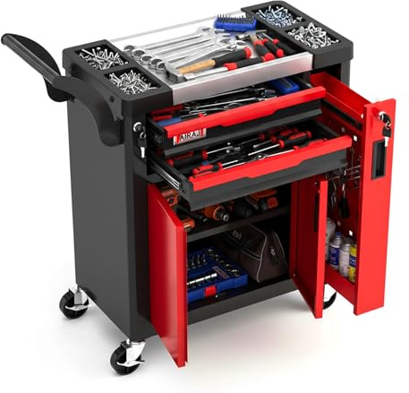 Tool Chest 2-Drawer | Rolling Tool Chest with Wheels/Side Drawer | Drawers Integrated Lockable | Tool Cart/Cabinet with Drawers for Garage Storage,Workshop | Safety Rounded Corner Anti-collision | Red