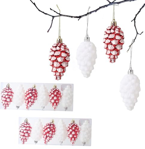 HERZWILD 12pcs Christbaumschmuck Zapfen zum Aufhängen Kunststoff Deko Tannenzapfen Anhänger für den Weihnachtsbaum (weiß rot-B)
