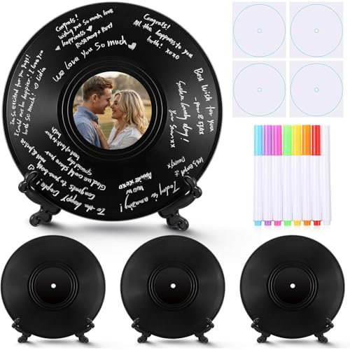 4 Set DIY Vinyl Record Guest Book for Wedding & Special Events, 12 Inch Personalized Signature Book with Pens Stickers Holders, Vintage Style Keepsake for Birthday Anniversary Reception Christmas