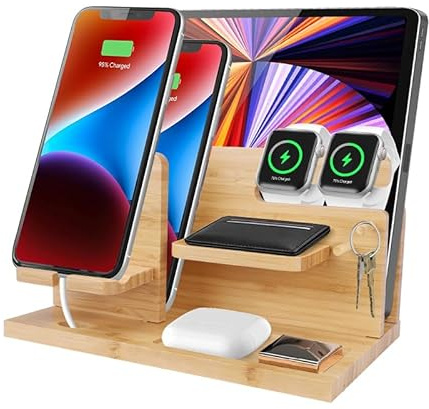 Gocokia Docking station per telefono in bambù, organizer per comodino/comodino, supporto per telefono, portafoglio, orologio, chiavi e gadget, per anniversario/compleanno da uomo, accessori per mariti