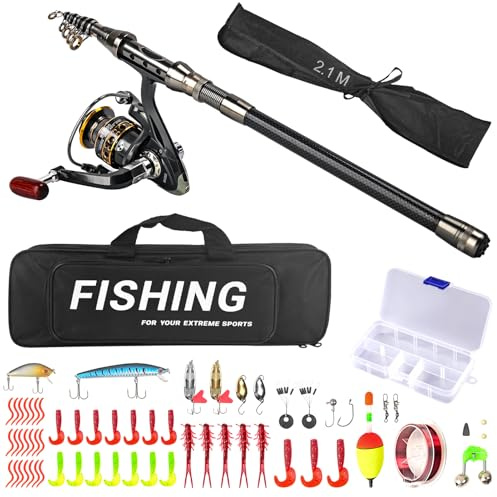 Angelrute Set Komplett, 2.1m Teleskop Angelrute Spinnrute mit Angeln Rute Rolle Kombi Angelköder-Zubehör Tragetasche Fishing Rod Anfänger für Salzwasser-Süßwasser