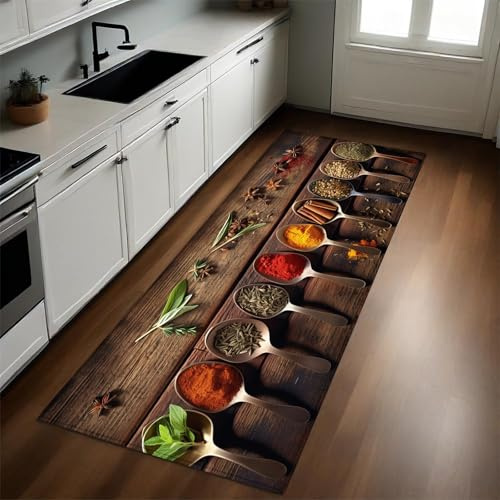 Brown Flur Läufer Teppich 50x150 cm Gewürze und Metalllöffel rutschfest Waschbar Küchenläufer Schmutzabweisend Saugfähig Modern Pflegeleicht für Küche und Wohnraum
