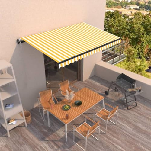 Tenda da sole a braccio snodato, retrattile automaticamente, 400 x 350 cm, giallo e bianco, per balcone, terrazza e giardino, facile da montare