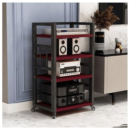 Support audio HiFi à 4 niveaux avec roulettes - Support stéréo en bois pour home cinéma AV - Lecteur DVD - Lecteur de disque - Bureau et studio - Finition bruin élégante