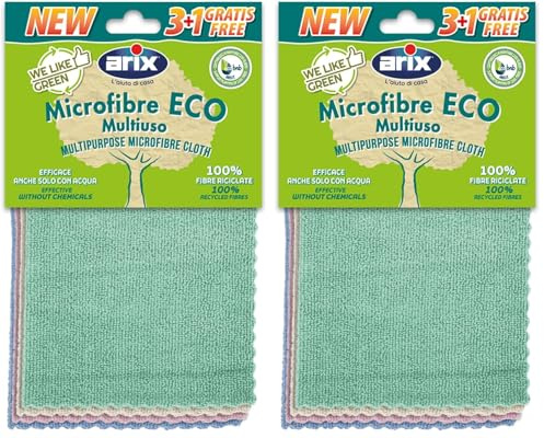 Arix | 4 Panni in Microfibra Riciclata Multiuso della Linea We Like Green, 30x30 cm Panni in Microfibra Colorati per Tutte le Superfici, Per Pulire e Spolverare, 4 Pezzi (Confezione da 2)