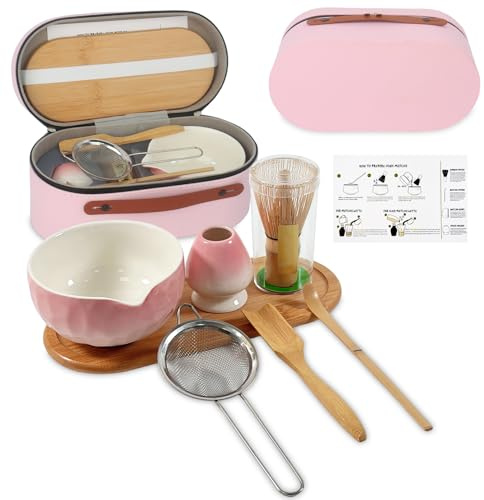 7Pcs Matcha Whisk Set with Wooden Tray and Storage Box, Matcha Whisk, Bowl, Scoop, Spoon, Sifter & Holder–Starter Matcha Kit, Gift for Beginners & Tea Lovers