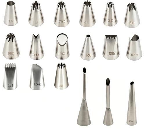 18 Stück Spritztüllen Groß Edelstahl Set, Profi Spritztüllen Große, Wiederverwendbar Tüllen für Spritzbeutel, 15 Dekoriertüllen&3 Puffdüsen, Dekorationsaufsätze für Kuchen Torten Cupcakes Churros