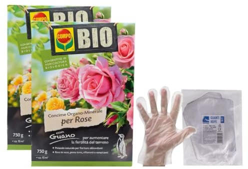2X Concime Organo-Minerale per Rose, con Guano per Aumentare la Fertilità del Terreno, 750 gr. + 100pz Guanti HDPE Monouso