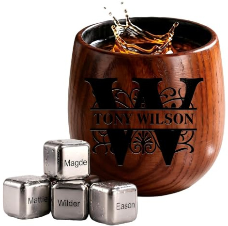 Gaehsmide Custom Wooden Whiskey Glass for Men Women Engraved Initial Name | Personalized Old Fashioned Whiskey Glass for Bourbon Mens Stemless Wine Whiskey Glasses Gifts