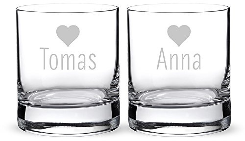 AMAVEL Set 2 Bicchieri da Gin con Incisione Romantica Personalizzabile con Nome, Motivo Cuori, Tumbler in Vetro Chiaro per Cocktail, Regali per Coppie, Dono di Nozze